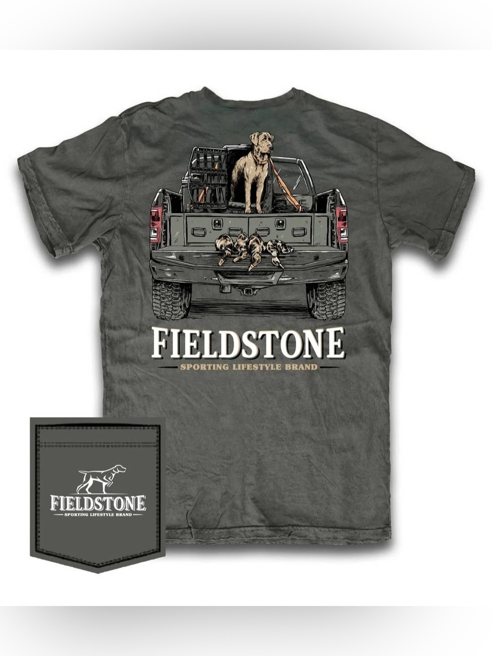 Fieldstone Truck Bed Dog Tee Shirt - Duck Hunting Dog in Pickup Truck